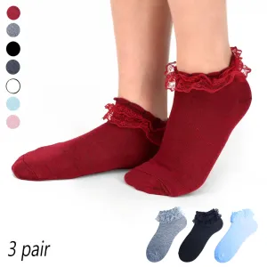 3 Pairs Women's Lace Ruffle Frilly Socks Solid Colors Princess Ankle Socks Comfy