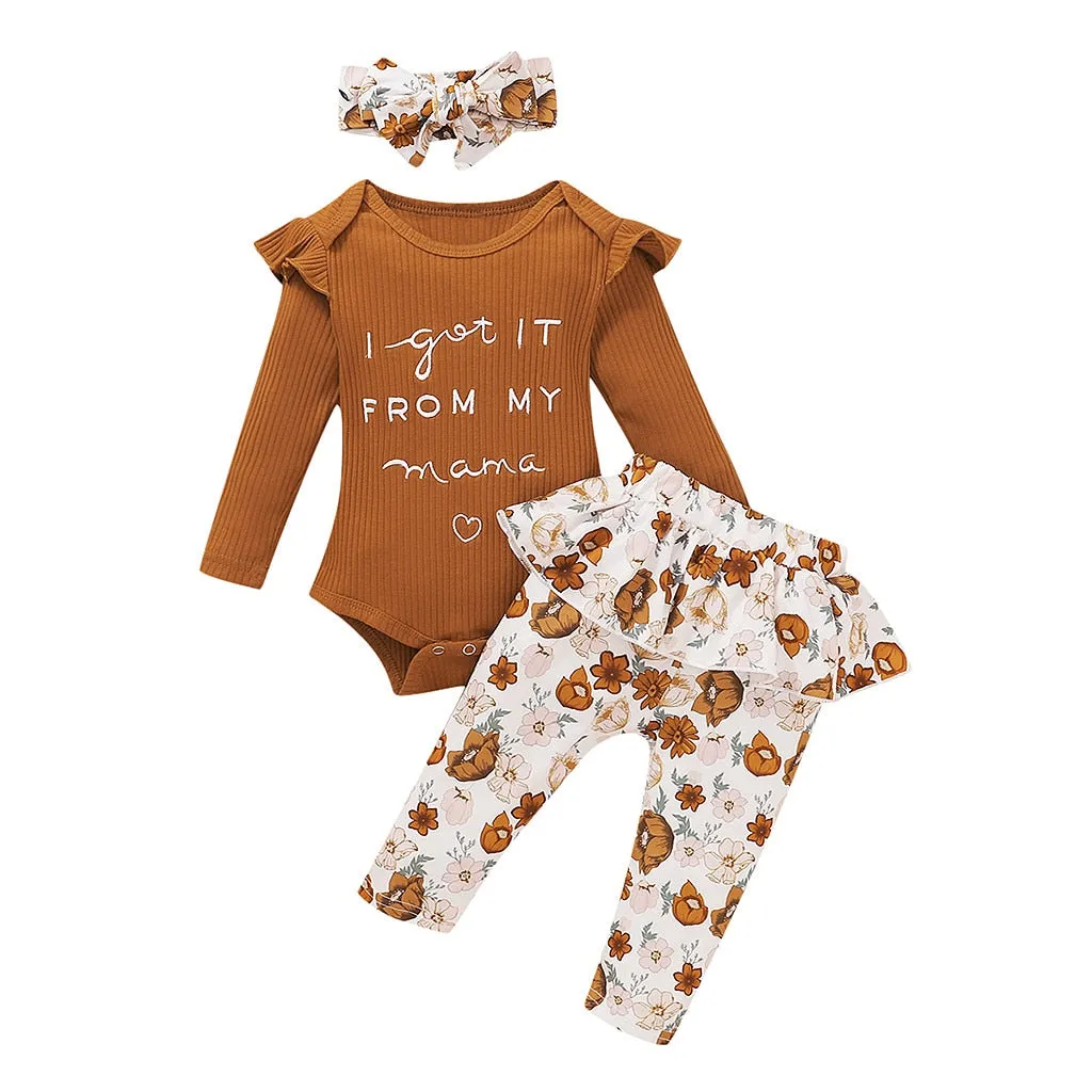 3PCS Sets Newborn baby girl clothes 2022 Winter Letter Print Bodysuit Floral Pants Headband