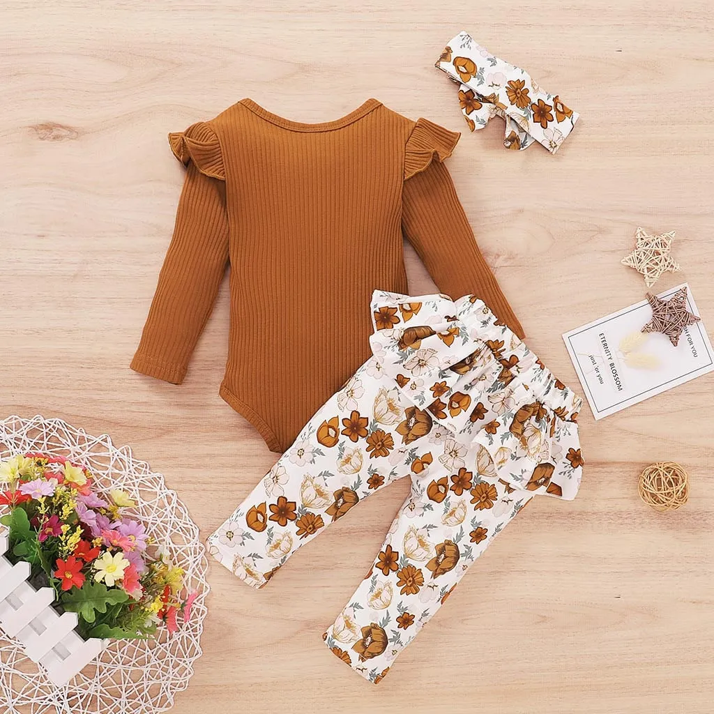 3PCS Sets Newborn baby girl clothes 2022 Winter Letter Print Bodysuit Floral Pants Headband