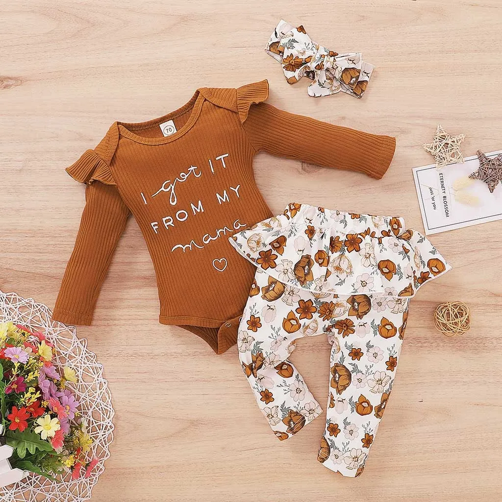3PCS Sets Newborn baby girl clothes 2022 Winter Letter Print Bodysuit Floral Pants Headband