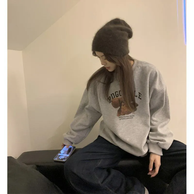 Anti-Pilling Round Neck Thickened Plus Velvet Faux Cotton Print Stripe Sweatshirt