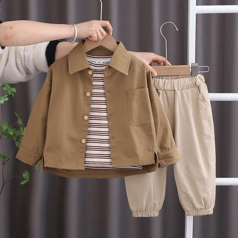 Boy's Long Sleeve Shirt, Top and Pants Three-piece Outfit Set