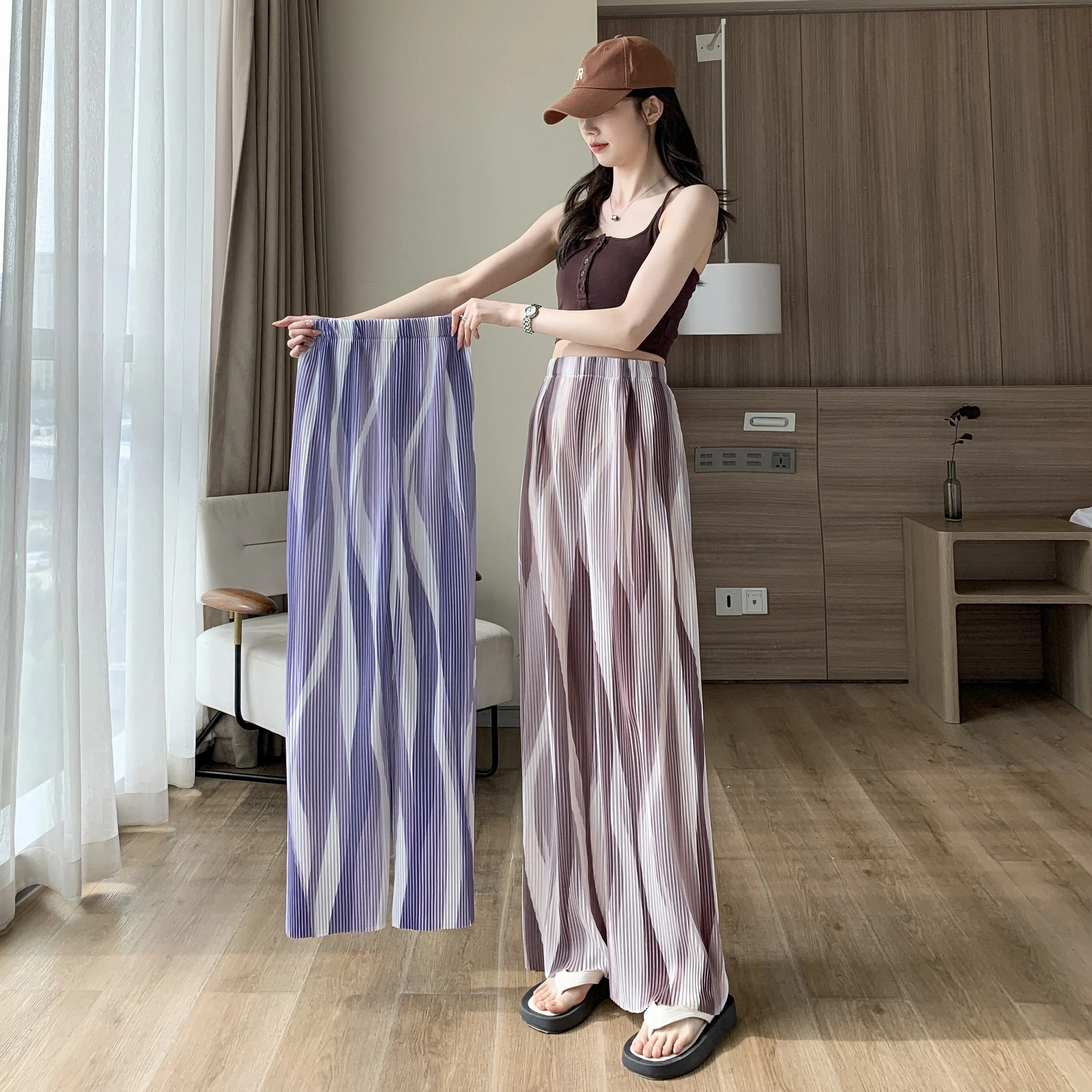 Casual High-Waisted Draping Tie-Dye Pleated Silky Straight Thin Pants