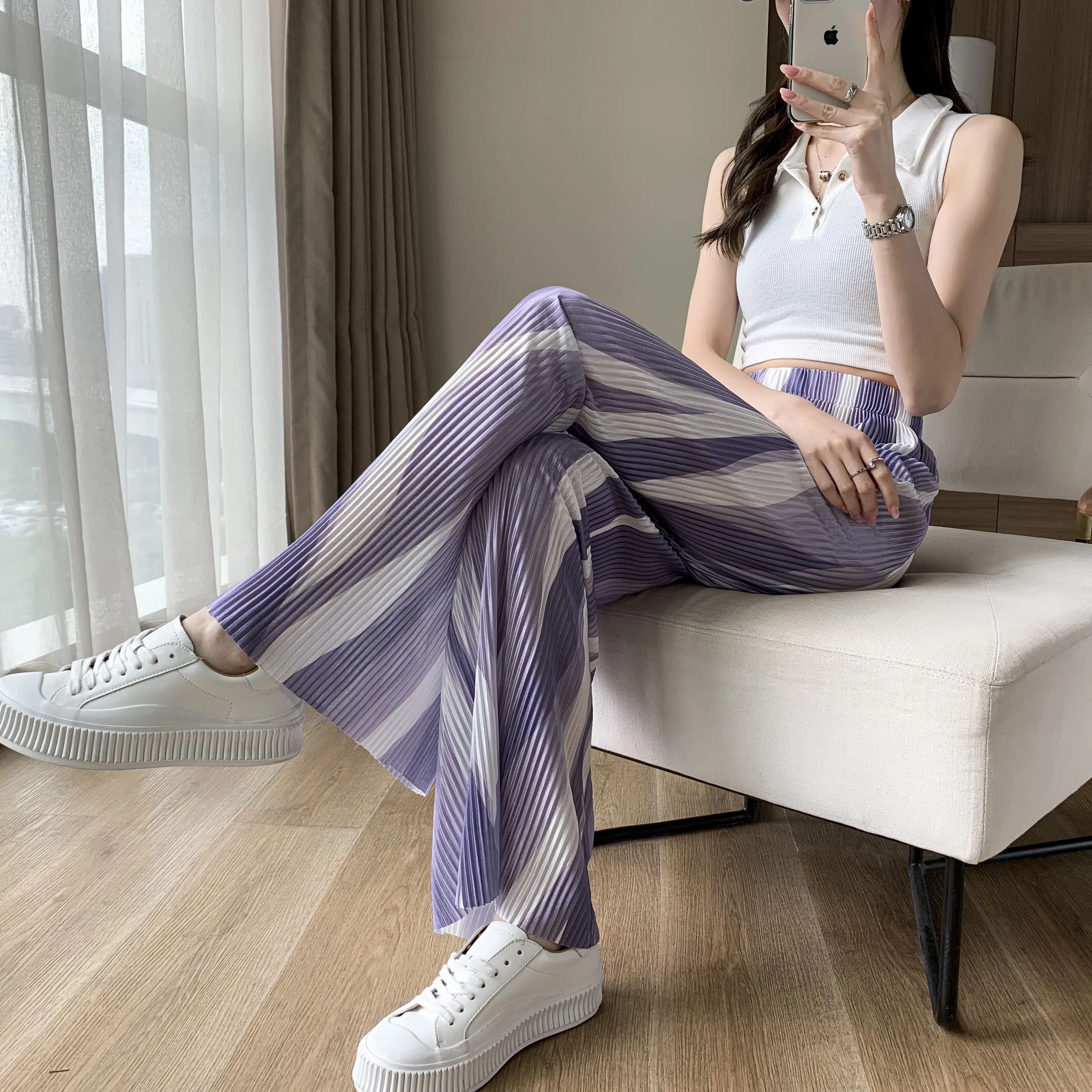 Casual High-Waisted Draping Tie-Dye Pleated Silky Straight Thin Pants