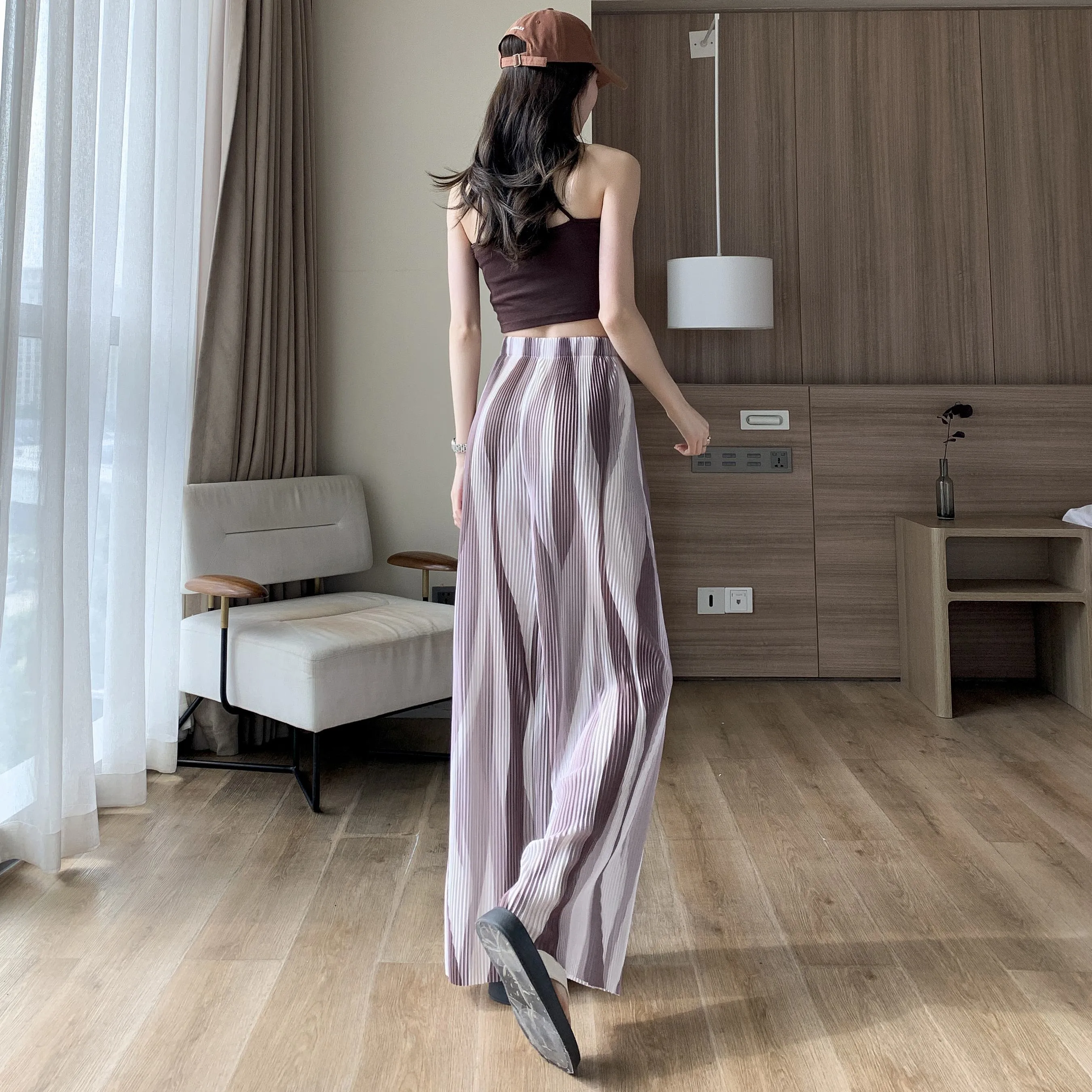 Casual High-Waisted Draping Tie-Dye Pleated Silky Straight Thin Pants