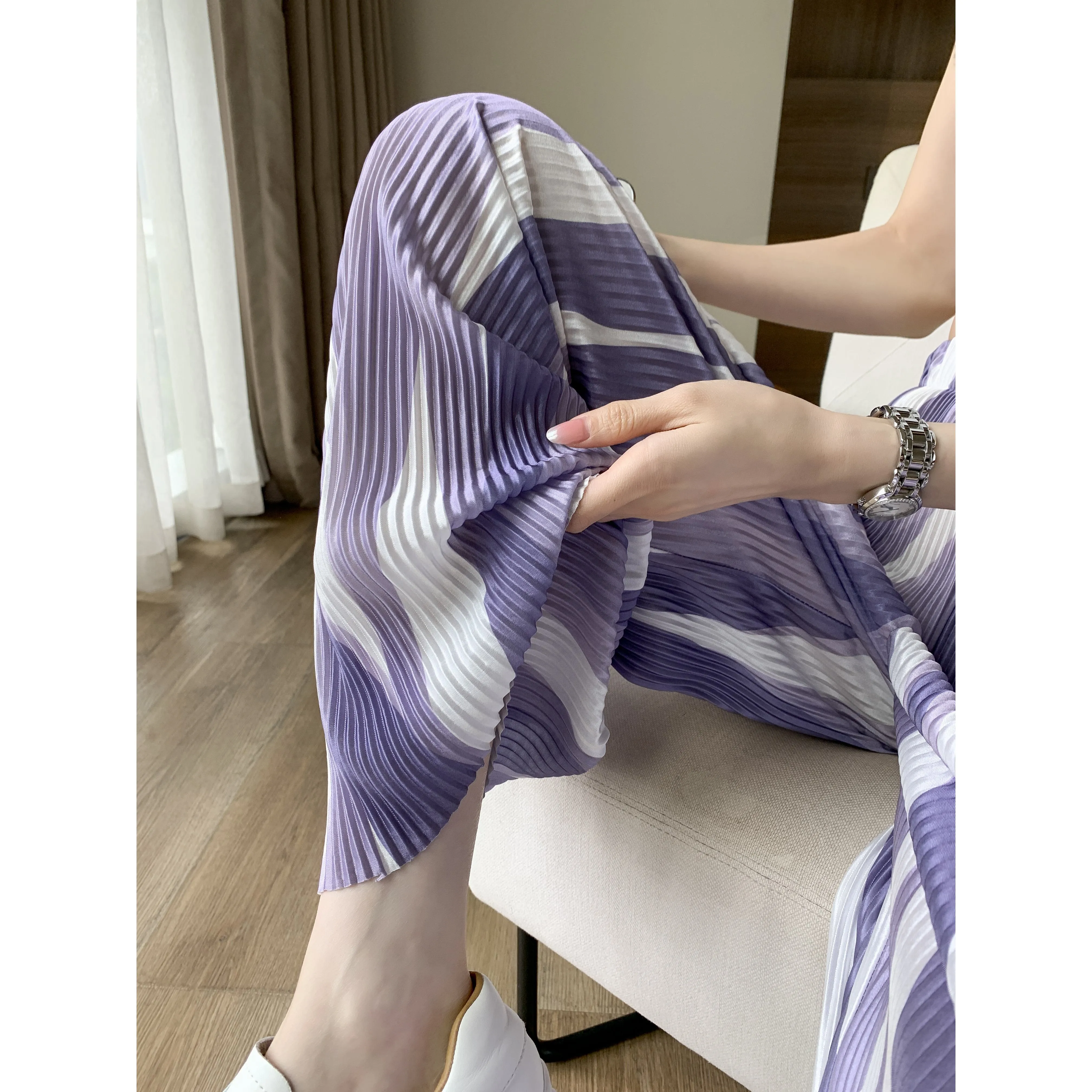Casual High-Waisted Draping Tie-Dye Pleated Silky Straight Thin Pants