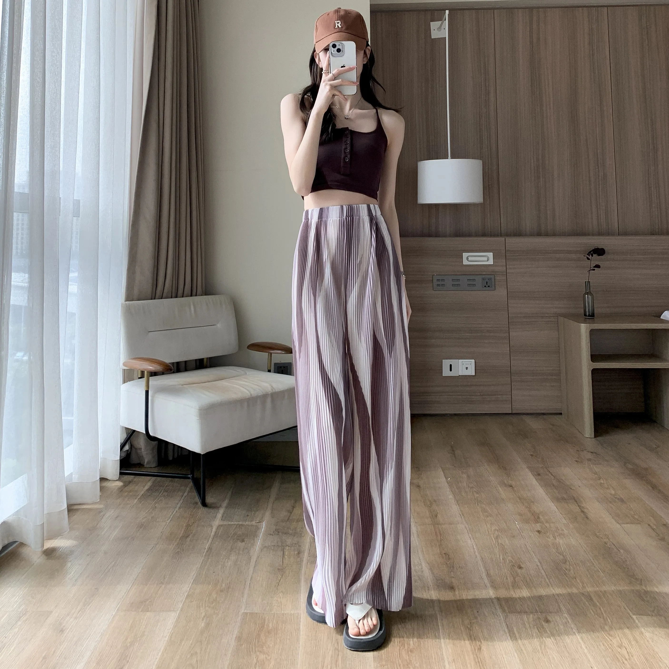 Casual High-Waisted Draping Tie-Dye Pleated Silky Straight Thin Pants