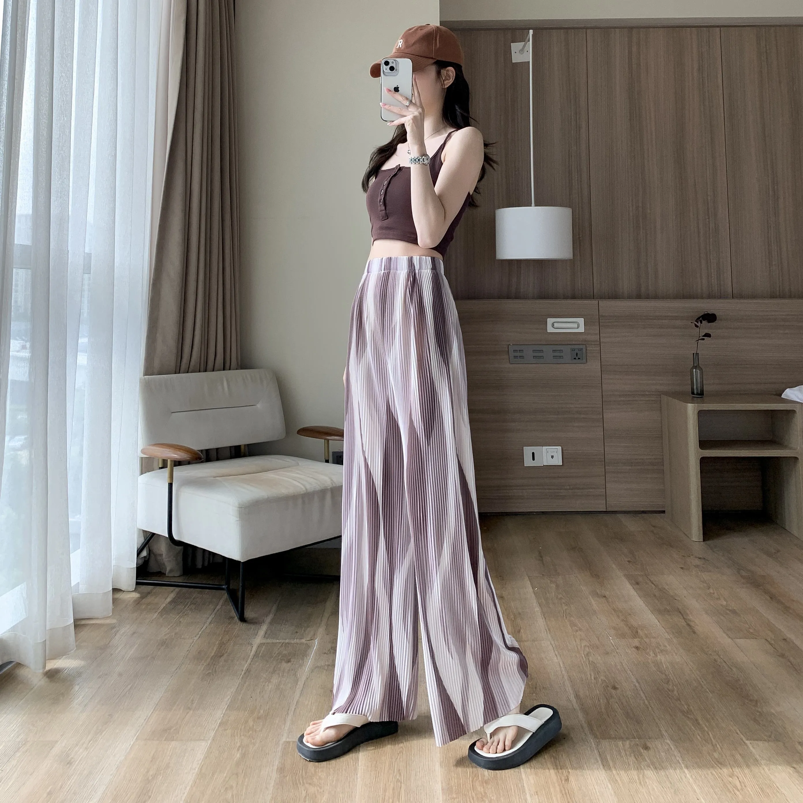 Casual High-Waisted Draping Tie-Dye Pleated Silky Straight Thin Pants