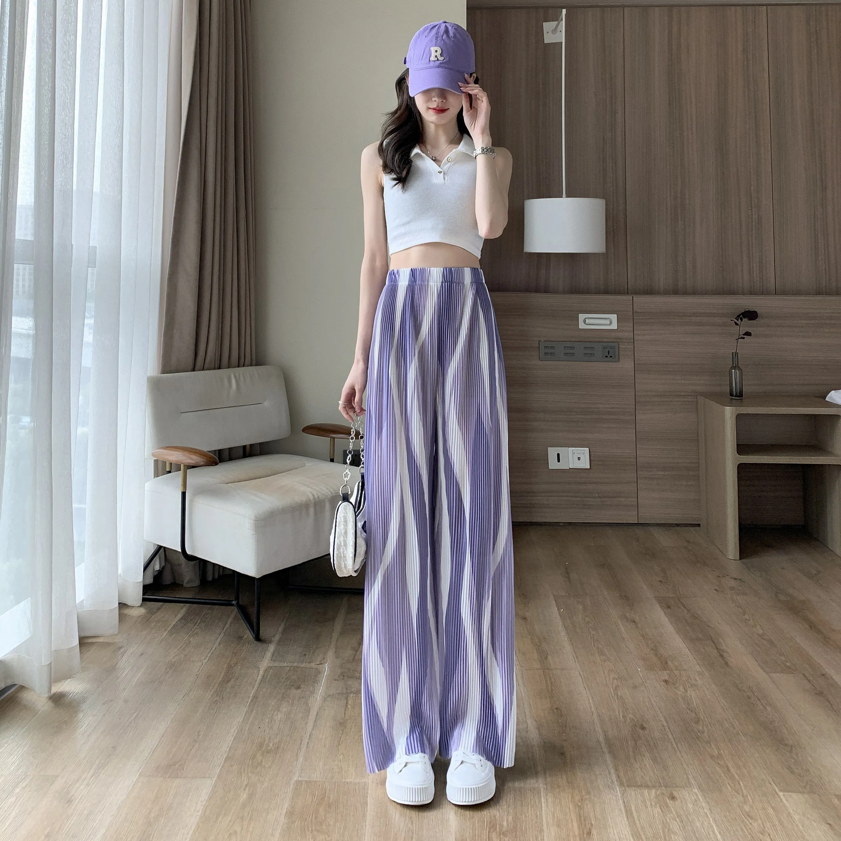 Casual High-Waisted Draping Tie-Dye Pleated Silky Straight Thin Pants