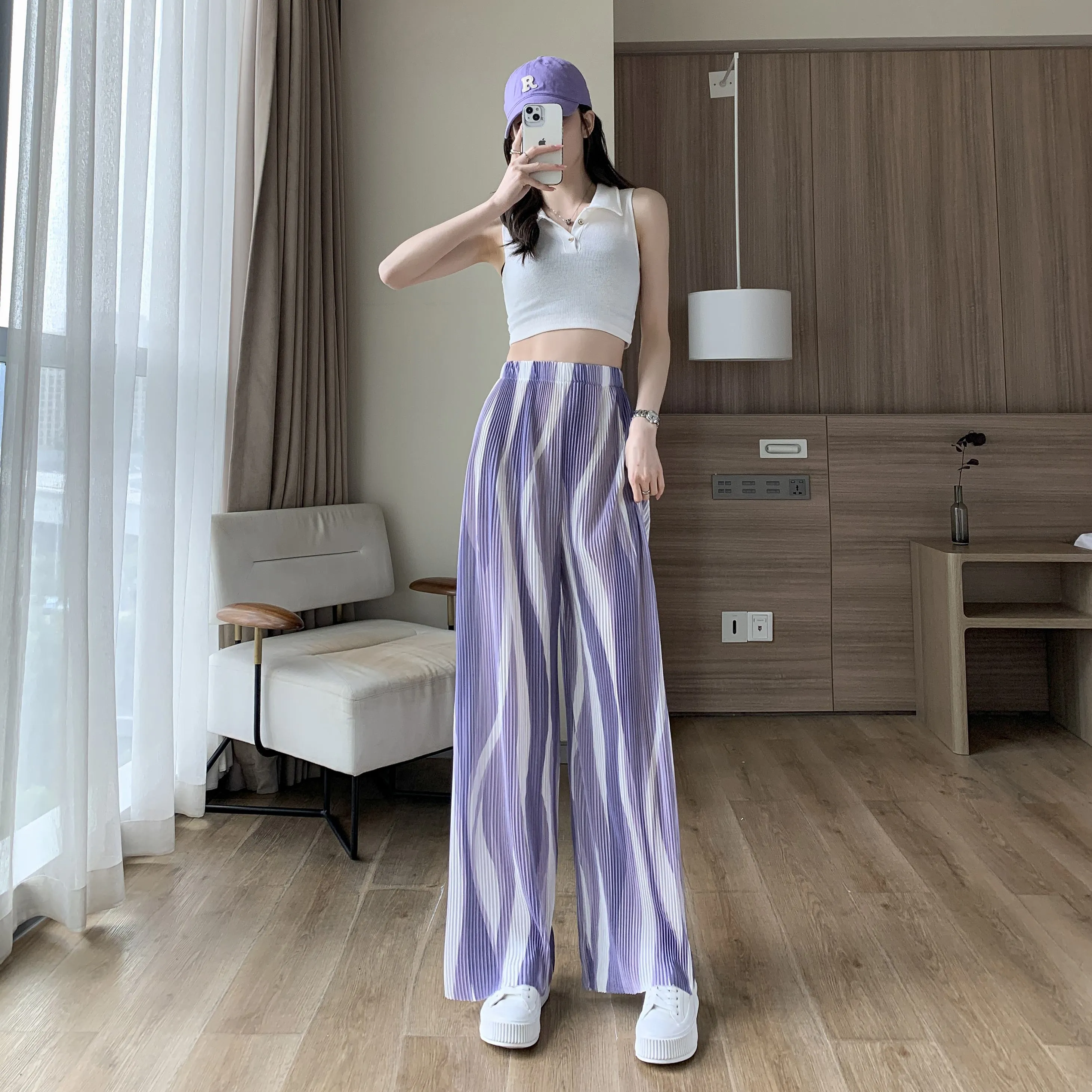 Casual High-Waisted Draping Tie-Dye Pleated Silky Straight Thin Pants