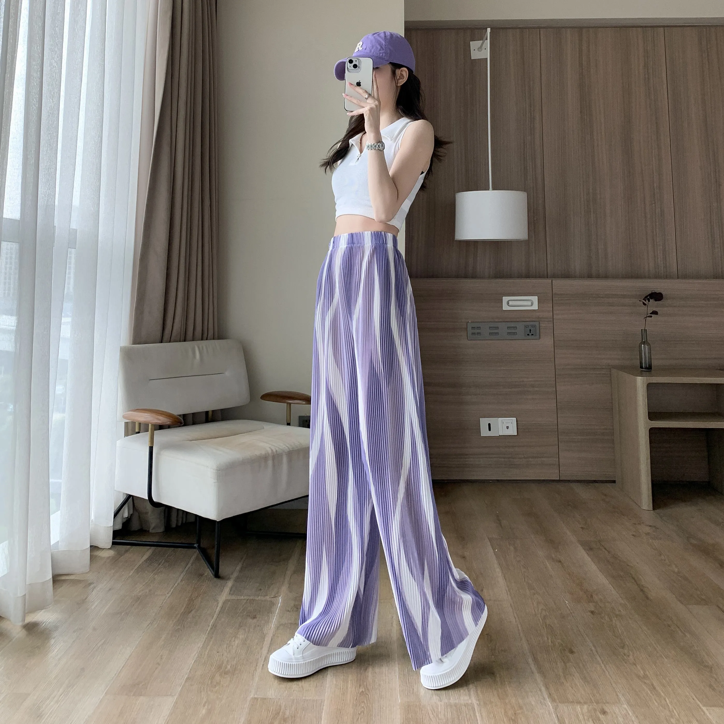 Casual High-Waisted Draping Tie-Dye Pleated Silky Straight Thin Pants