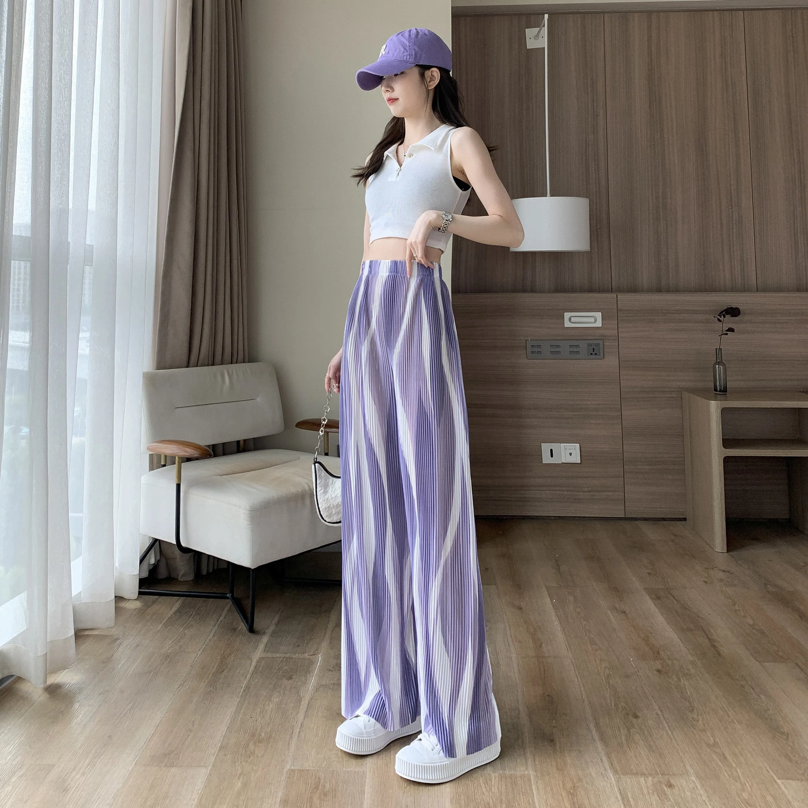 Casual High-Waisted Draping Tie-Dye Pleated Silky Straight Thin Pants