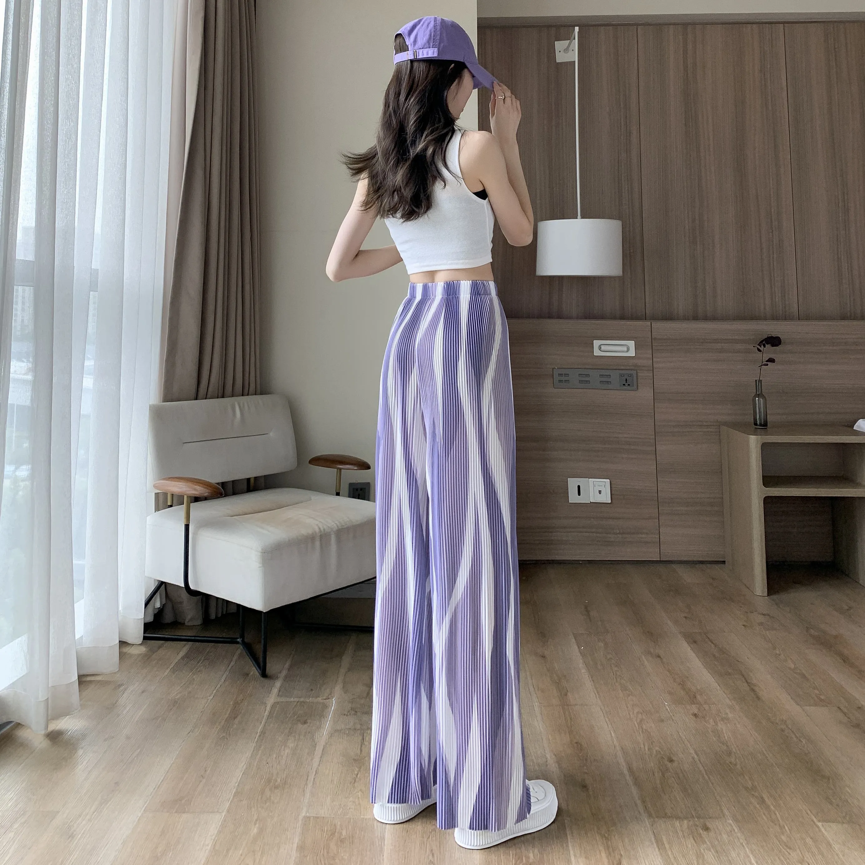 Casual High-Waisted Draping Tie-Dye Pleated Silky Straight Thin Pants