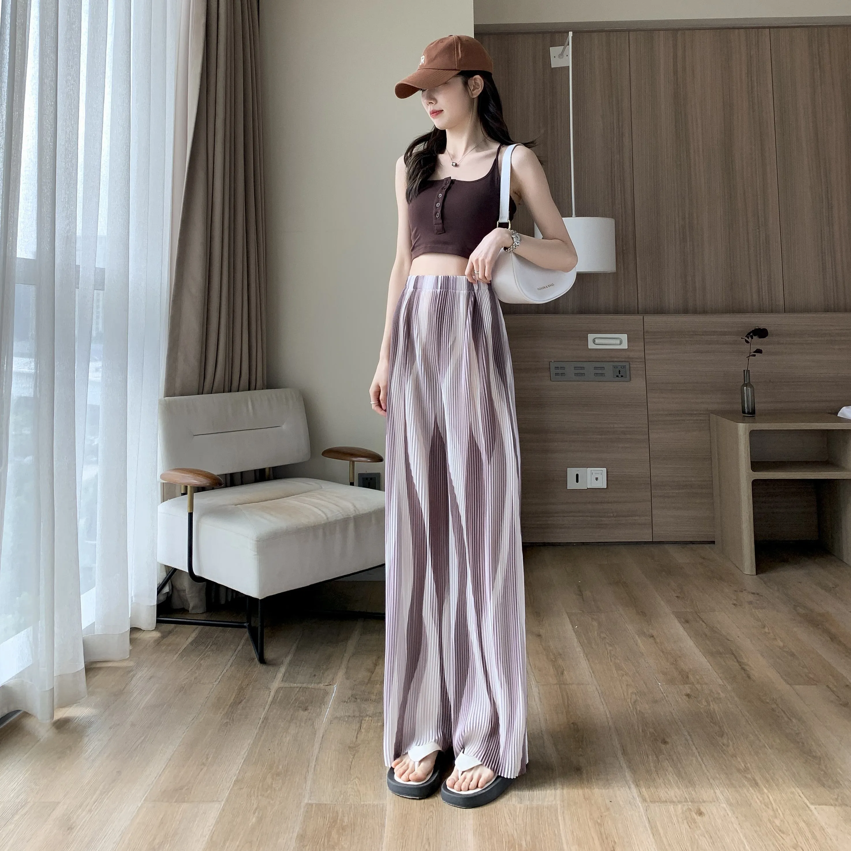 Casual High-Waisted Draping Tie-Dye Pleated Silky Straight Thin Pants