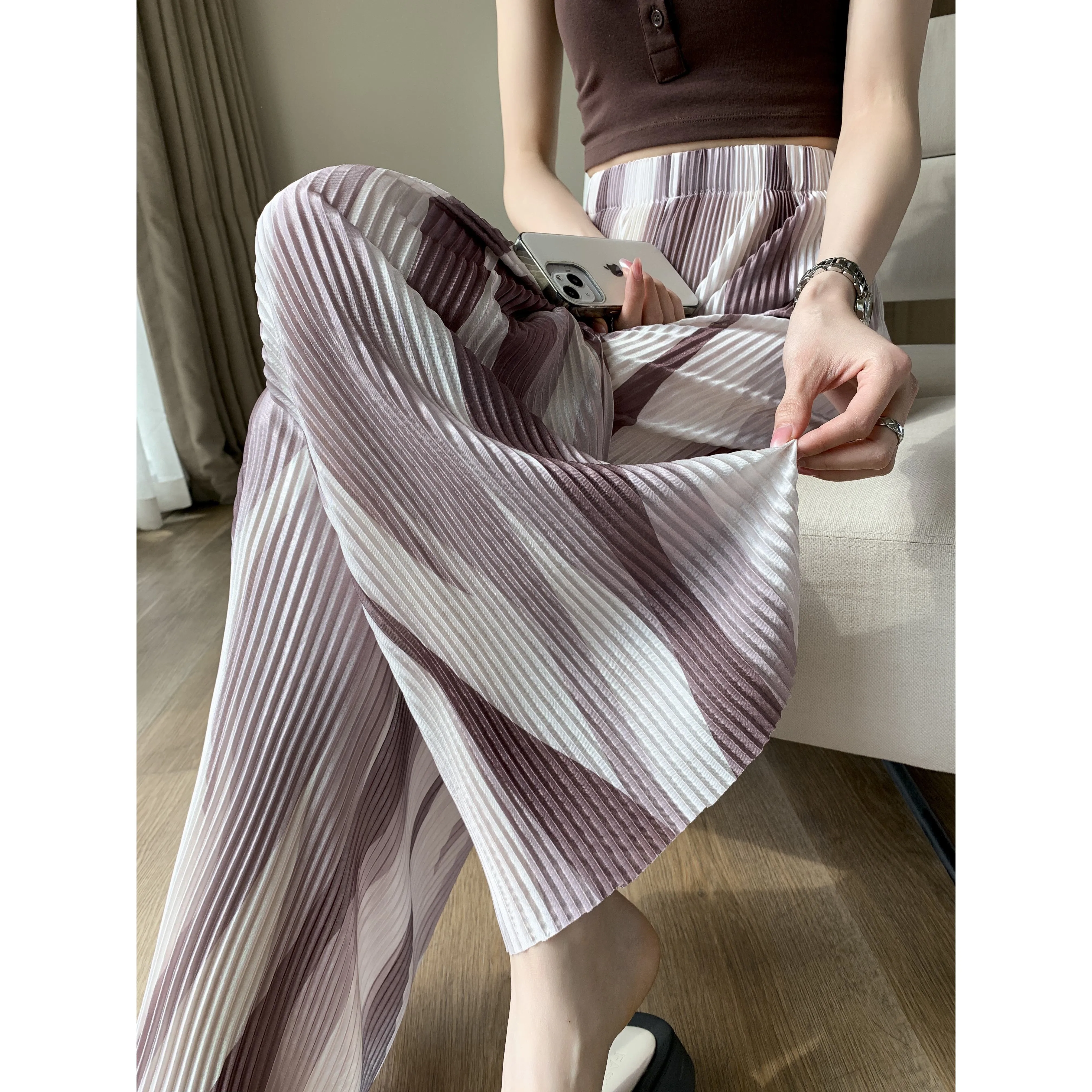 Casual High-Waisted Draping Tie-Dye Pleated Silky Straight Thin Pants