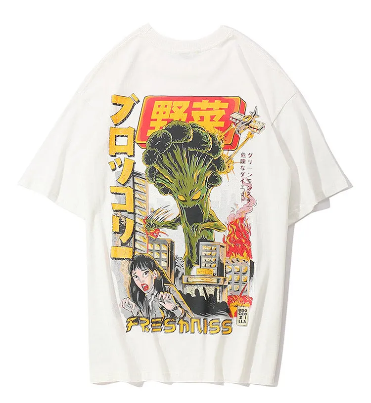 Evil Monster Broccoli Printed Hip Hop Streetwear Loose Tees