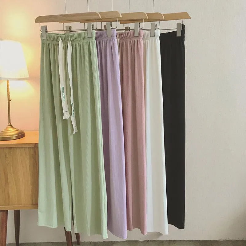 Floor-Length Casual Straight Pit Strip Draping Petite Loose Fit High-Waisted Pants