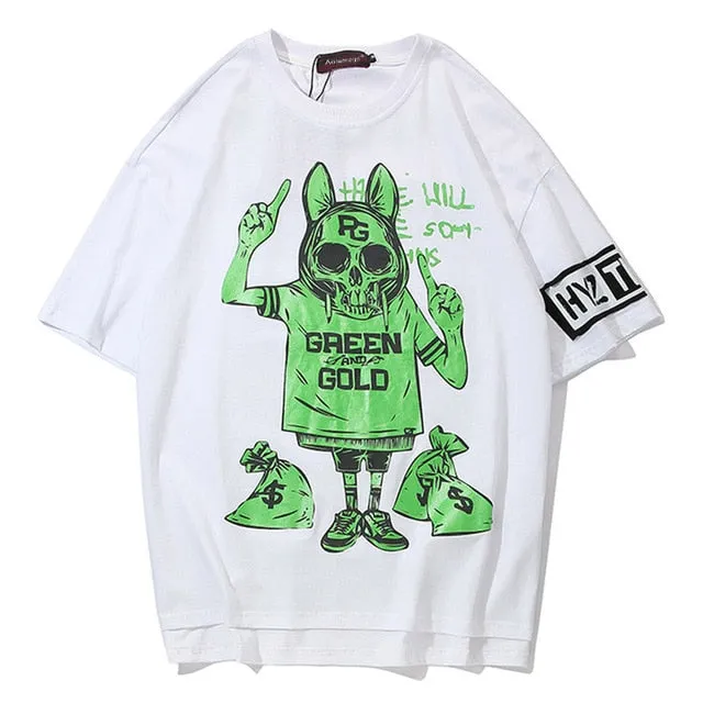 Green & Gold Printed Hip Hop Streetwear Loose Tees
