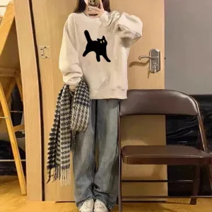 Grey O-neck Vintage Chic Printed Loose Female Hoodies American Autumn New Solid Color Casual Long Sleeve Women Hoodies