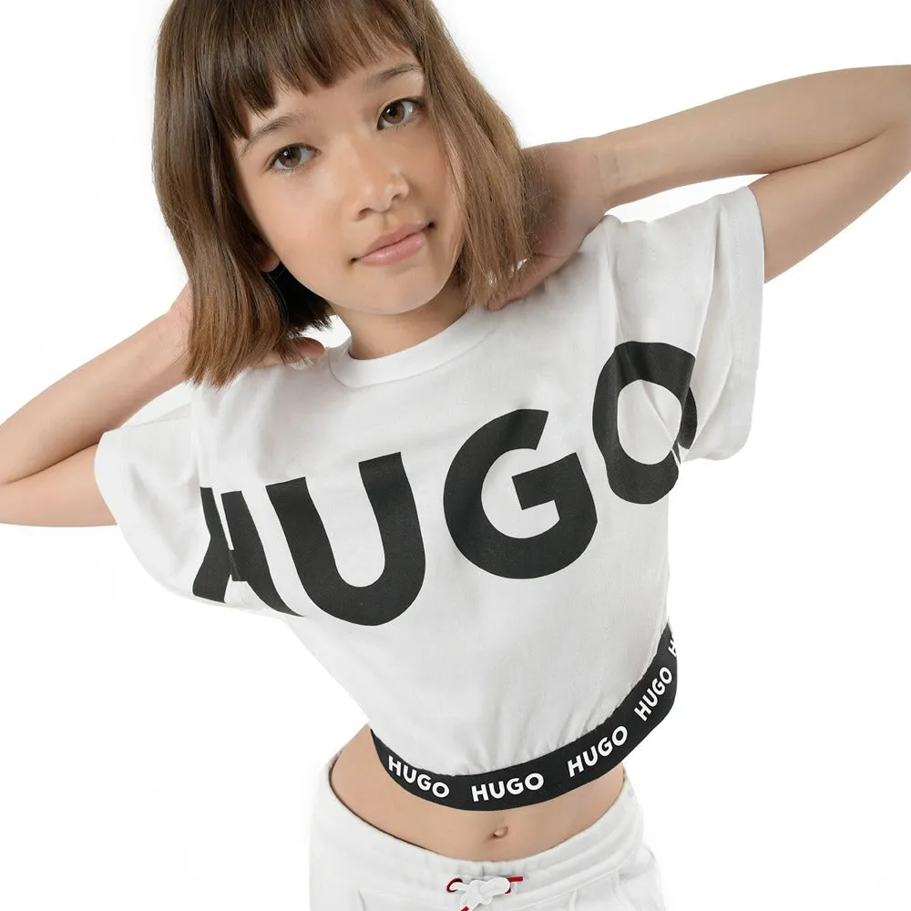Hugo Kids Girls Short Sleeve Crop Top T-Shirt - White