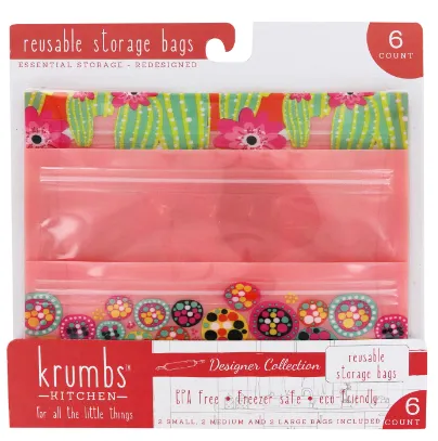 Krumbs Kitchen Designer Reusable Storage Bags, Dishwasher Safe, 6 Pack