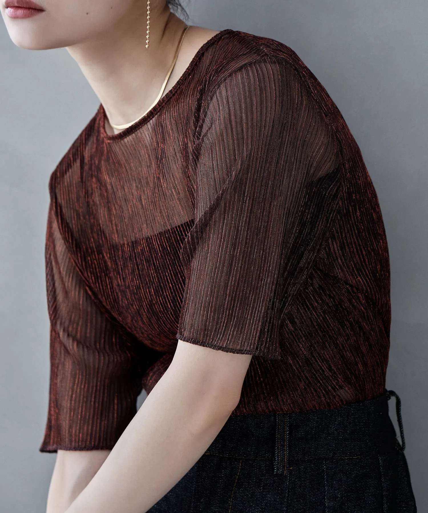 Lame sheer pleats tops
