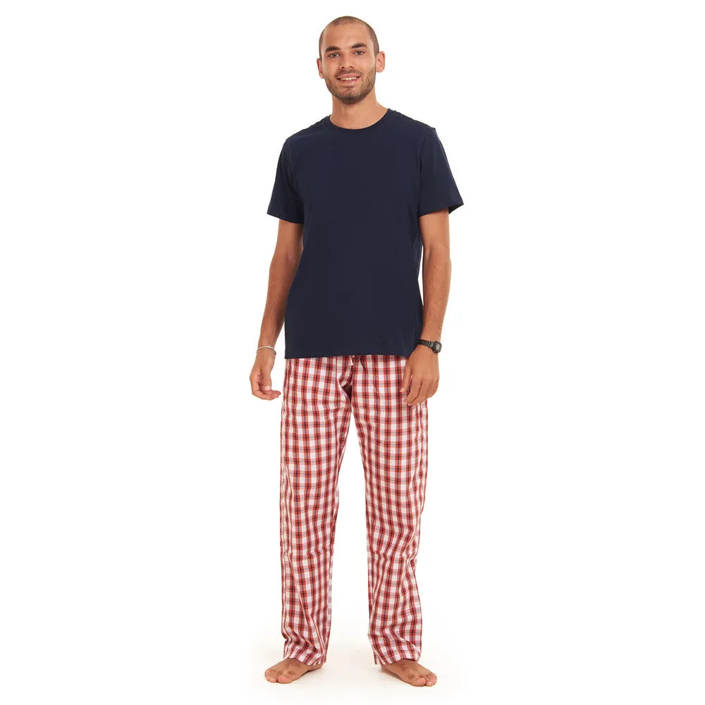 Men summer pajama set Dark Blue T-shirt   Red x White Checkered Pants