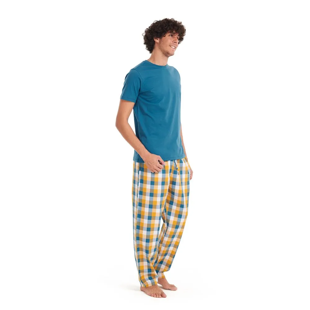 Men summer pajama set Teal T-shirt   Yellow checkered pants