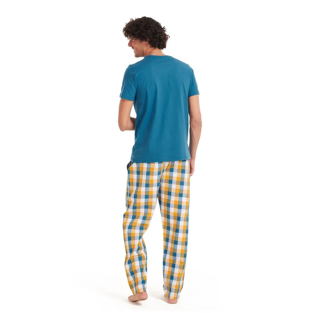 Men summer pajama set Teal T-shirt   Yellow checkered pants