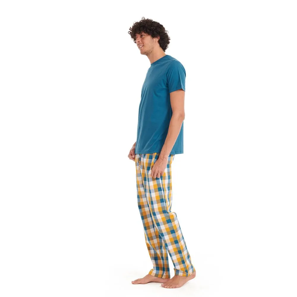Men summer pajama set Teal T-shirt   Yellow checkered pants