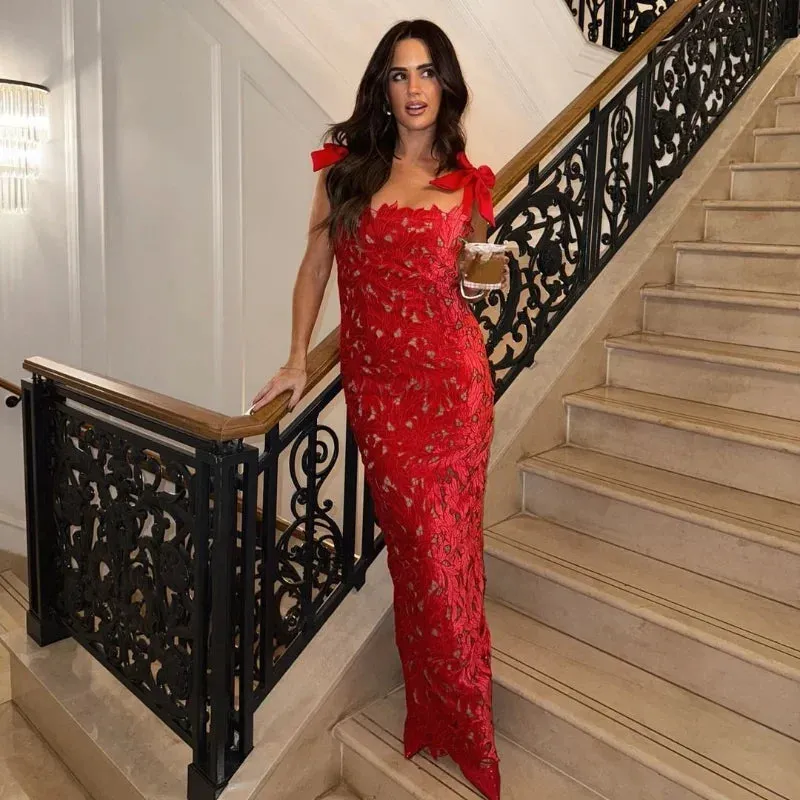 Oligai Women's Elegant Evening Party Dress Sexy 2024 Floral Red Christmas Dress Bow Maxi Spaghetti Strap Date Night Dress