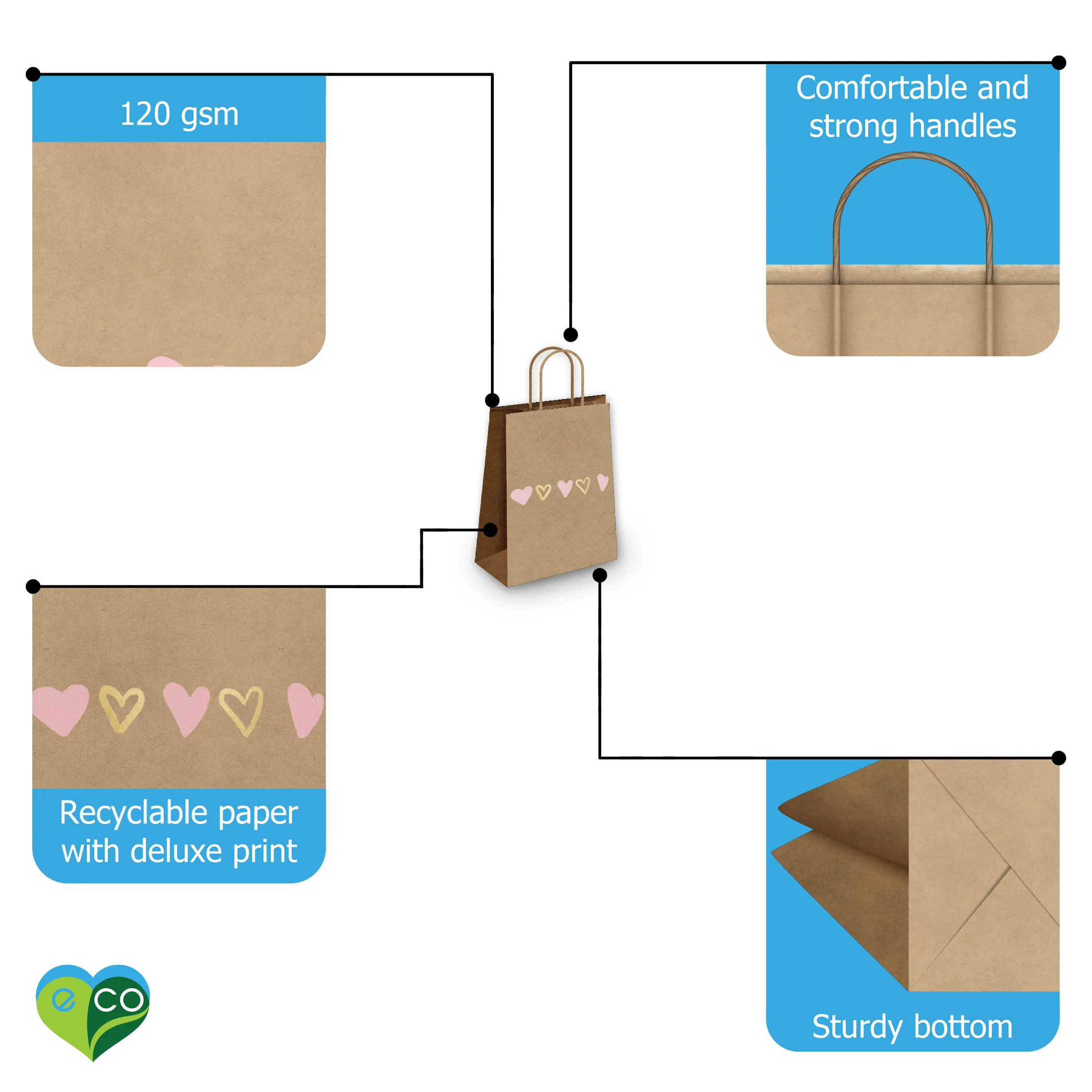 Pink and Gold Hearts Kraft Gift Bags Mixed Size Set