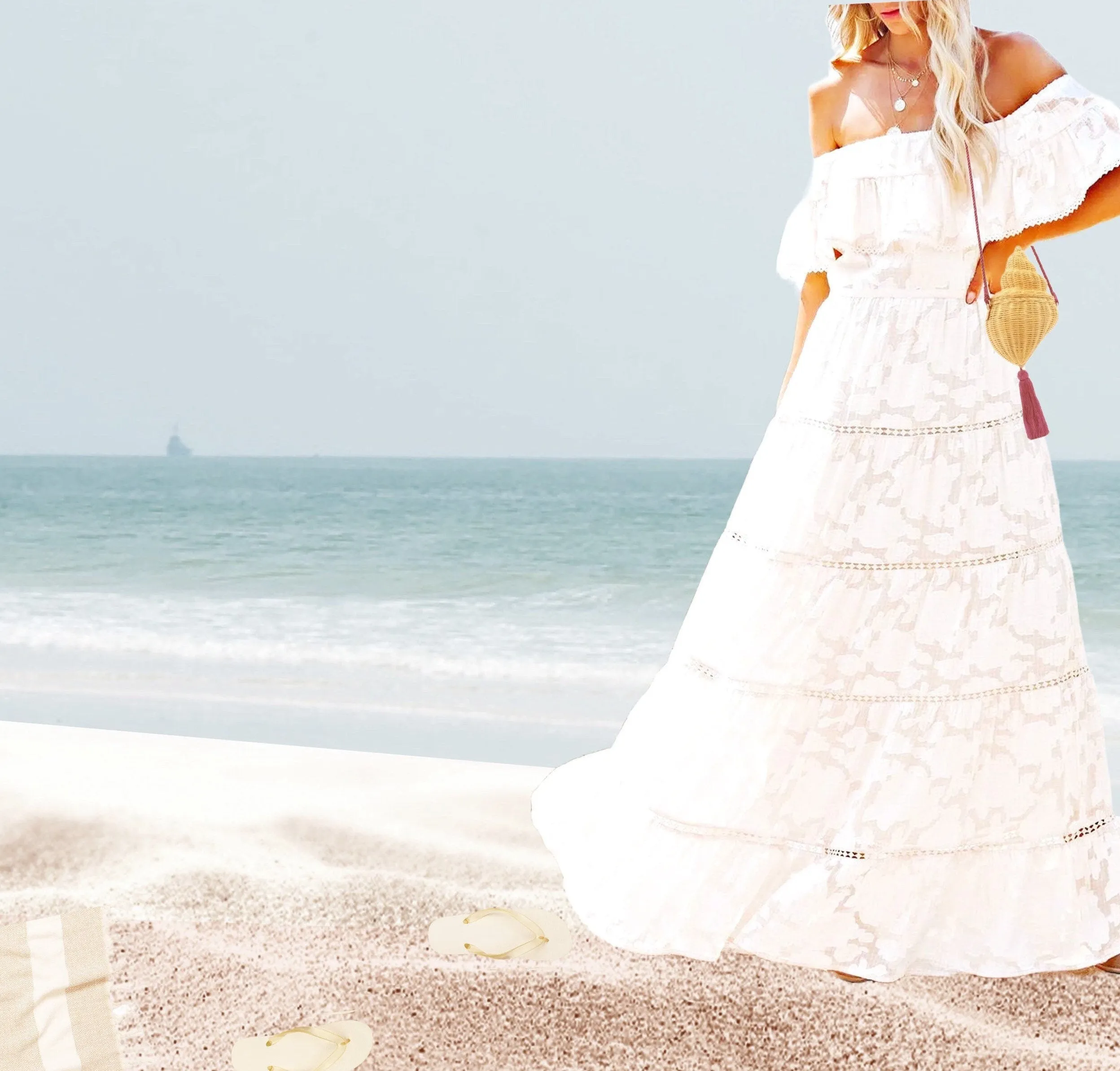 S-XL Boho White Rose maxi dress floral lace cut-work A-Line airy beach sundress or eyelet high low - women cruise resort destination whimsy