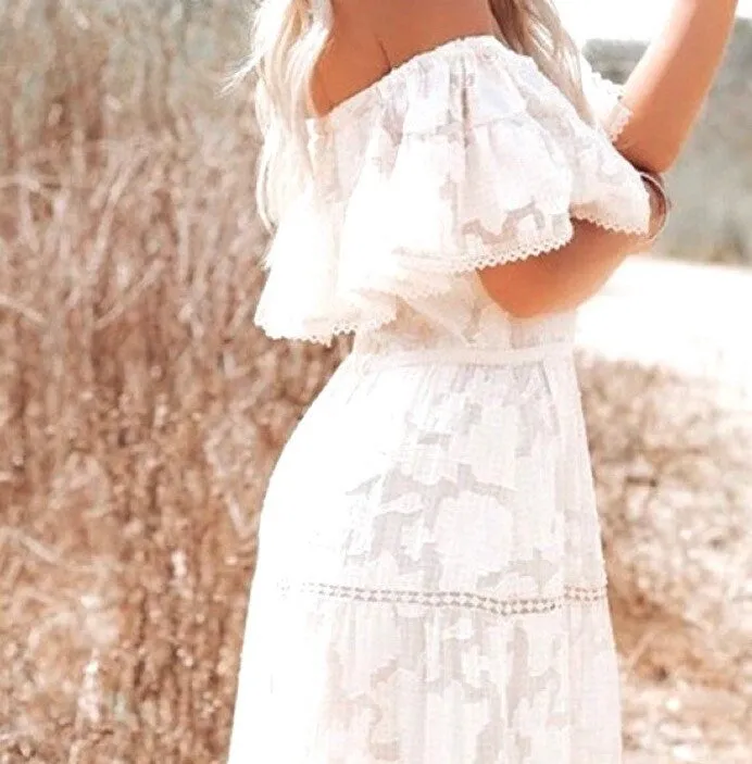 S-XL Boho White Rose maxi dress floral lace cut-work A-Line airy beach sundress or eyelet high low - women cruise resort destination whimsy
