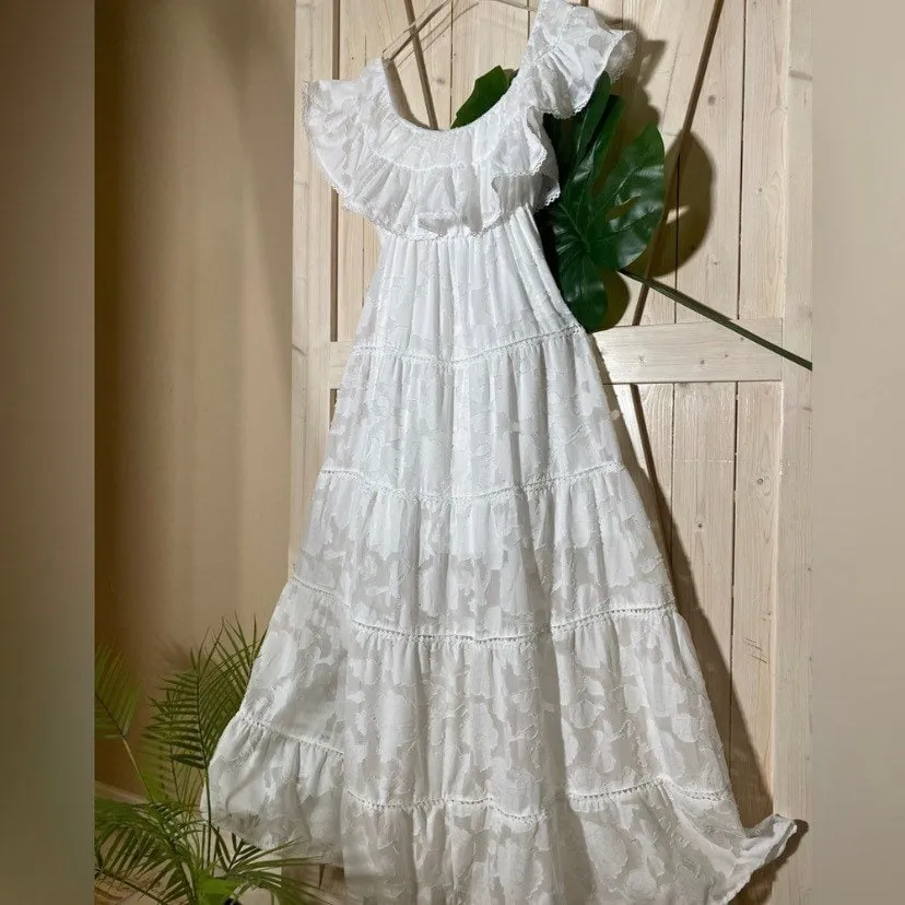S-XL Boho White Rose maxi dress floral lace cut-work A-Line airy beach sundress or eyelet high low - women cruise resort destination whimsy