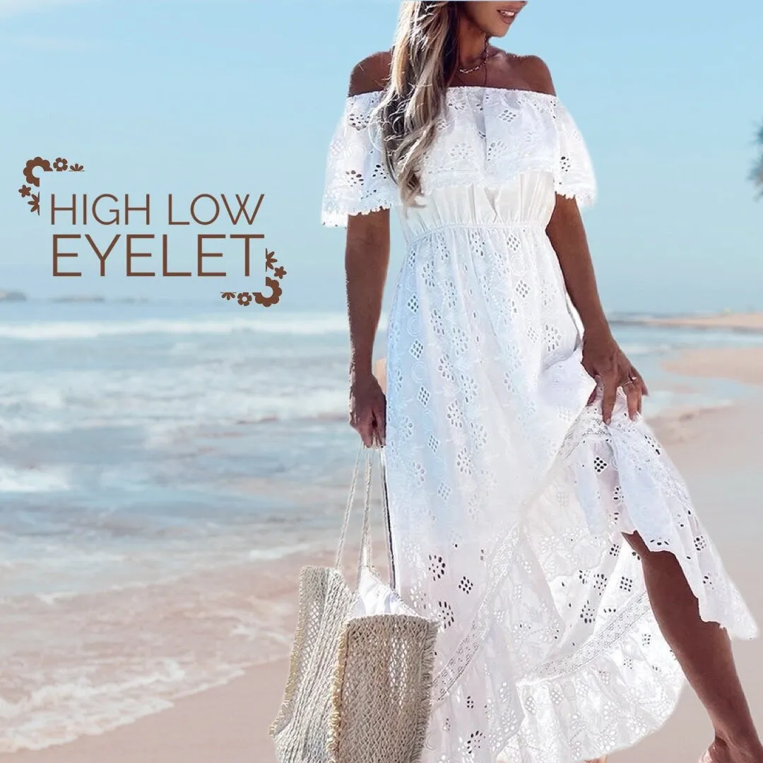 S-XL Boho White Rose maxi dress floral lace cut-work A-Line airy beach sundress or eyelet high low - women cruise resort destination whimsy