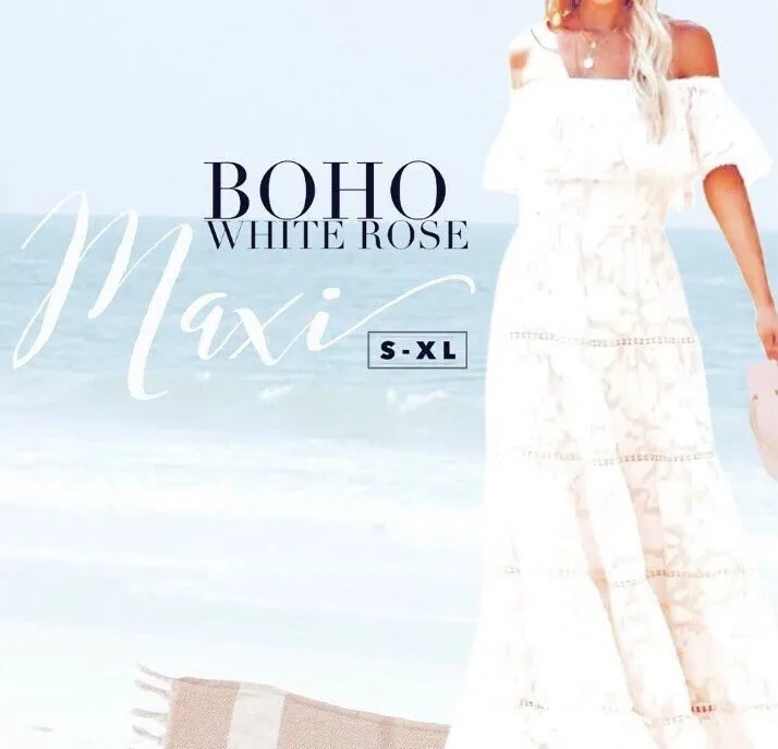 S-XL Boho White Rose maxi dress floral lace cut-work A-Line airy beach sundress or eyelet high low - women cruise resort destination whimsy