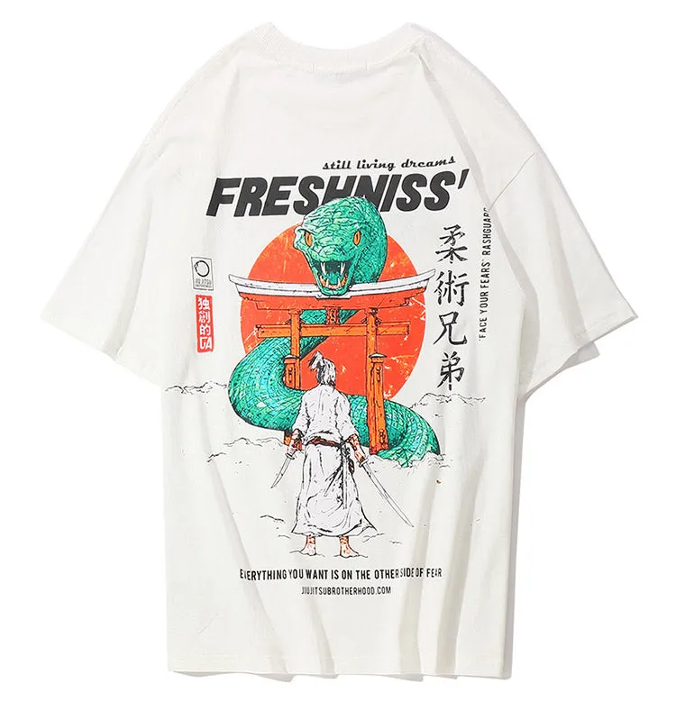 Snake Samurai Shrine Printed Hip Hop Streetwear Loose Tees