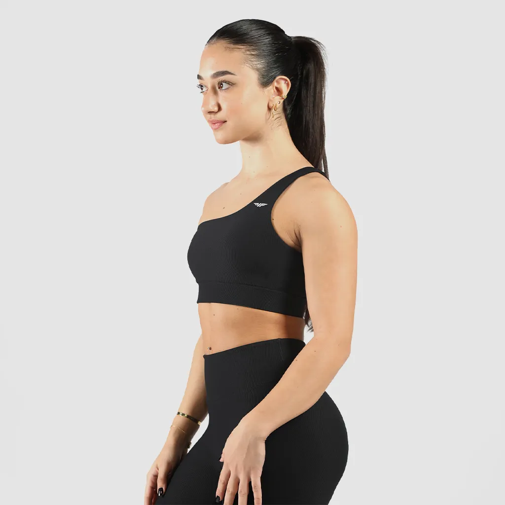 WOMEN-ELITE-RIBBED-ASYMMETRICAL- BRA (BLACK)