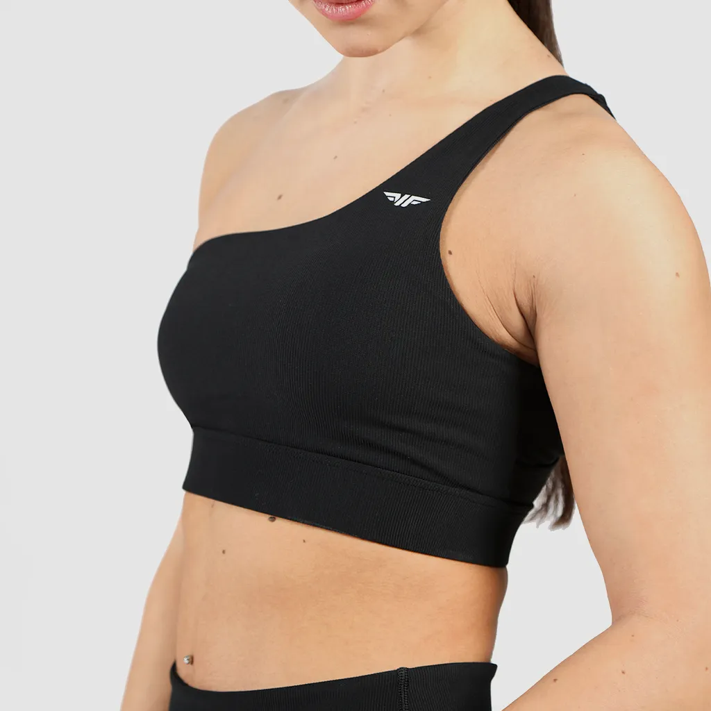 WOMEN-ELITE-RIBBED-ASYMMETRICAL- BRA (BLACK)
