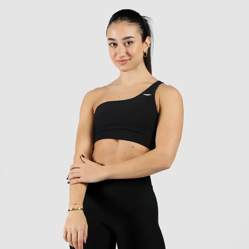 WOMEN-ELITE-RIBBED-ASYMMETRICAL- BRA (BLACK)