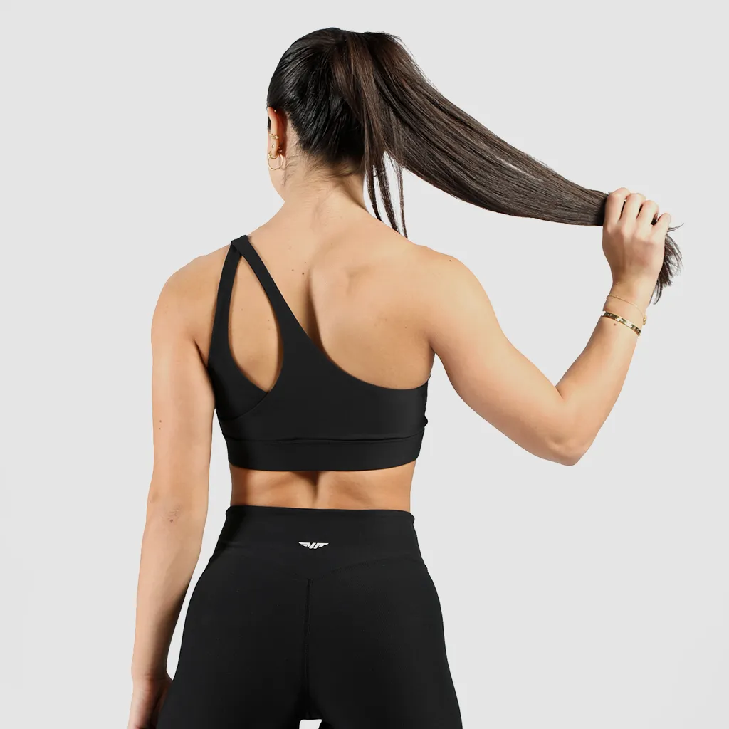 WOMEN-ELITE-RIBBED-ASYMMETRICAL- BRA (BLACK)