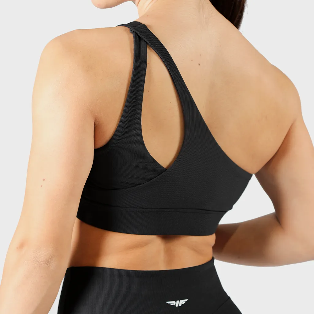 WOMEN-ELITE-RIBBED-ASYMMETRICAL- BRA (BLACK)