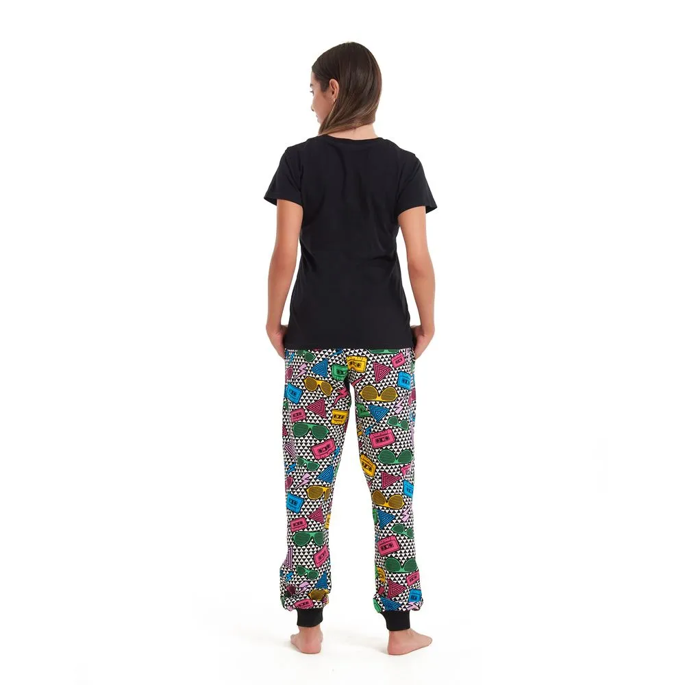 Women summer pajama set Black T-shirt   Retro pants